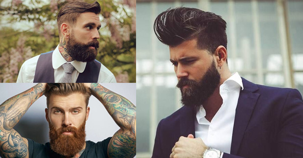 montagem com 3 imagens de homens com barba lenhador, nos estilos casual, social e passeio simples